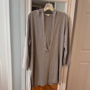 Eileen Fisher Deep V-Neck Light Gray Cashmere Blend Tunic Hooded Sweater XL
